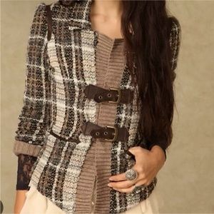 Like New Free People Houndstooth Plaid Boucle Knit Jacket Buckle Front Brown